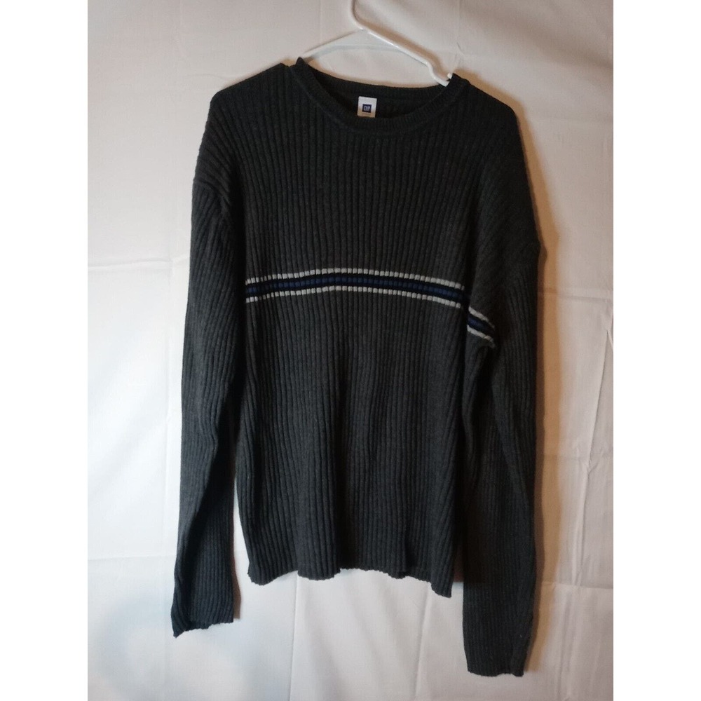 GAP Cotton Ribbed Sweater Size XXL Grey W/ Blue&Black Horizontal Stripe